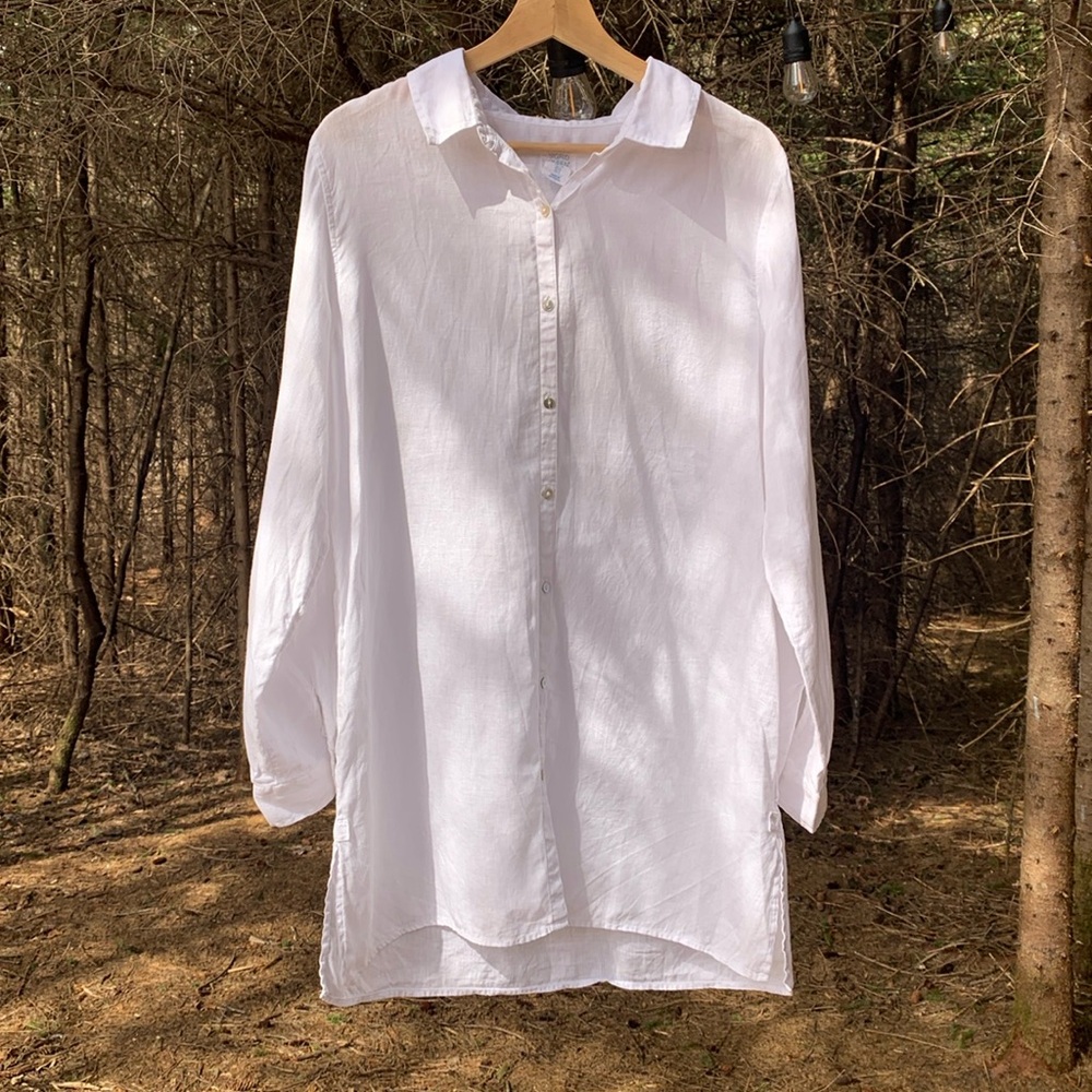 Sigrid Olsen Long 100% Linen Button Down Adjustable Sleeve Tunic